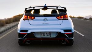 Rear view of a light blue 2022 Hyundai Veloster. | Hyundai dealer in Fort Smith, AR.