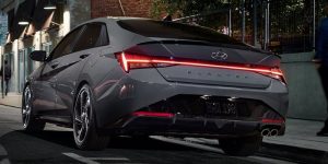 Rear view of a parked, while 2021 Hyundai Elantra. | Hyundai dealer in Fort Smith, AR.